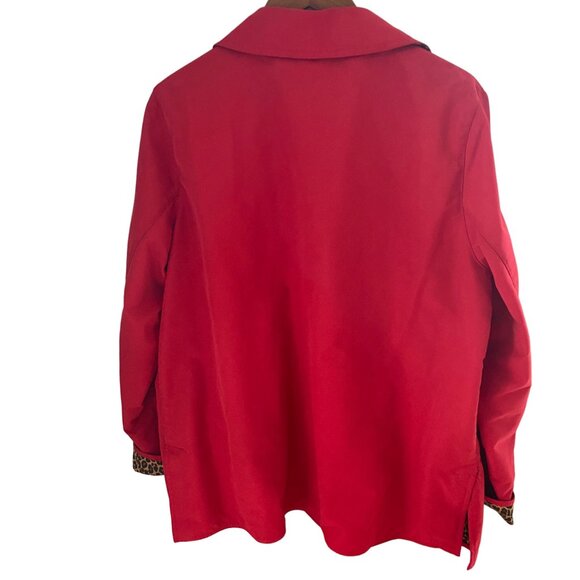 Dennis Basso Women's Red Rain Jacket Size Large Snap Closure Leopard Lining - Picture 2 of 8